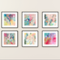 set of six pink mini art prints