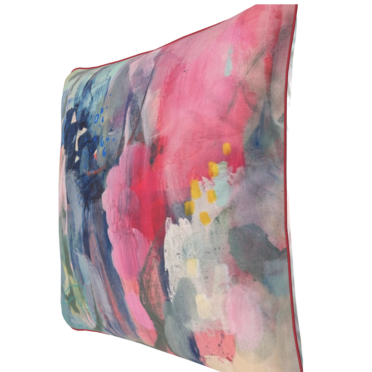 A digital mockup of a custom square throw pillow with an abstract watercolor design in pink, blue, and white, shown on a white interface screen with customization options on the right.