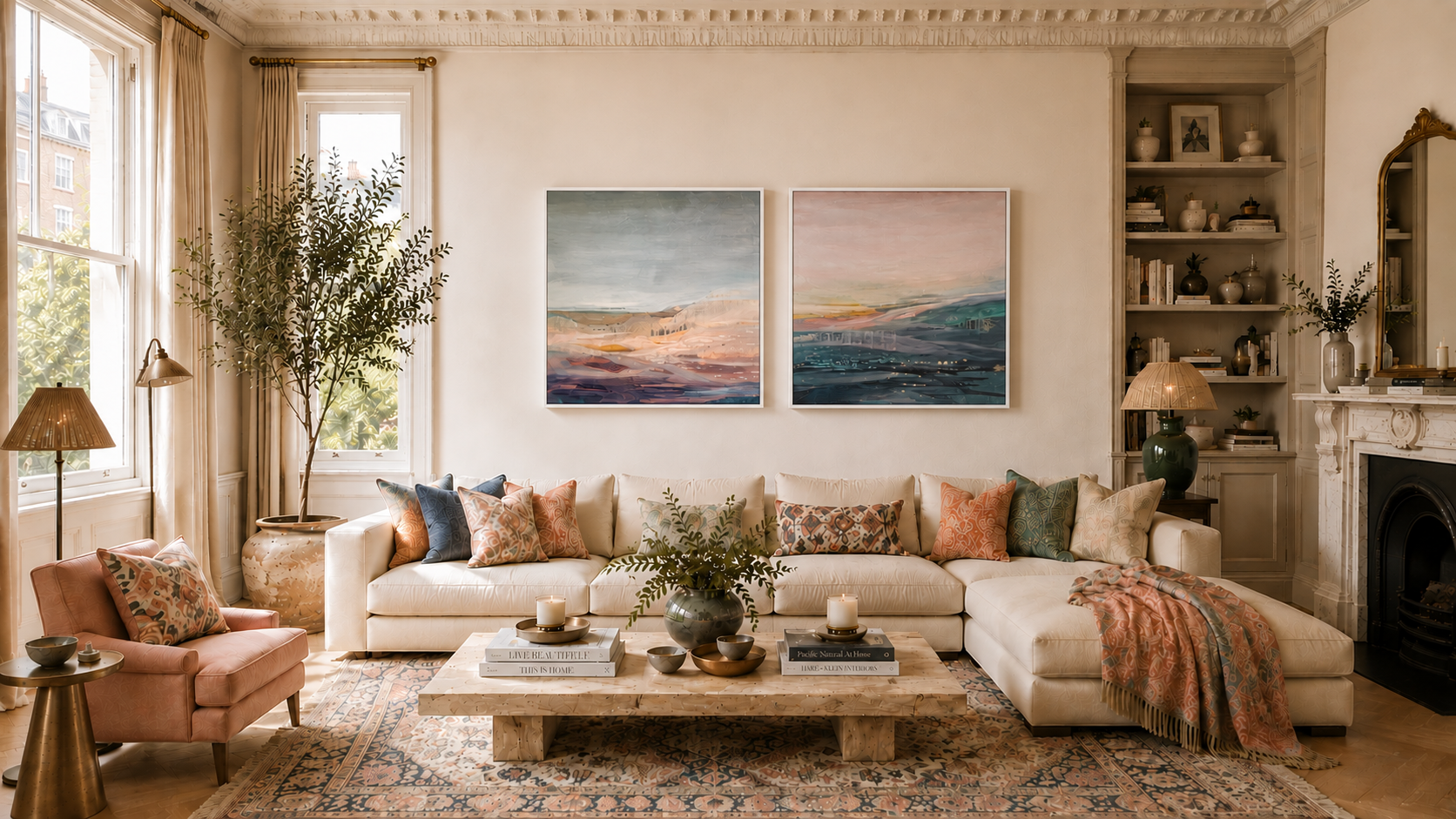 A styled living room featuring two vertical landscape art prints with soft pastel colors hanging above a cream sectional sofa. The room includes a pink armchair, a wooden coffee table, a patterned area rug, a fireplace, and built-in shelves.