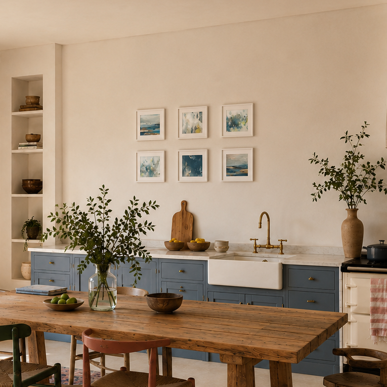 SIX MINI ART PRINTS IN BLUE ON WALL