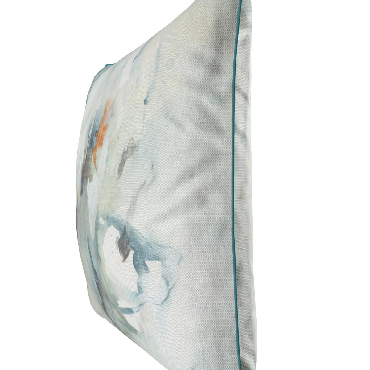 A digital mockup interface showing a custom pillow cover design in 3D perspective. The pillow cover features a light gray and white marble pattern with subtle blue-gray and orange-brown abstract accents.