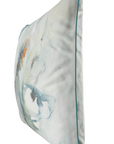 A digital mockup interface showing a custom pillow cover design in 3D perspective. The pillow cover features a light gray and white marble pattern with subtle blue-gray and orange-brown abstract accents.