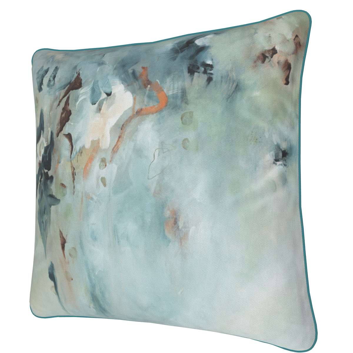 A digital mockup of a square decorative throw pillow with an abstract watercolor design in shades of teal, blue, beige, and brown, shown on a website design canvas with a color selection form on the right.