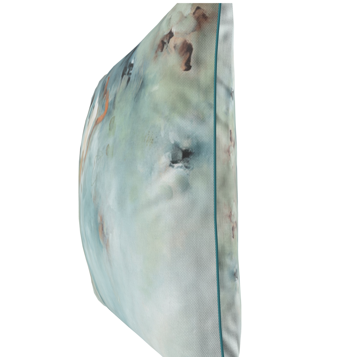 A digital mockup of a custom pillow cover design displayed on a white interface screen, with a 3D rendering of a square pillow cover featuring a blue and beige abstract pattern. The right side shows a product configuration panel with text fields and a green button labeled 'Custom Pillow Cover Set'.
