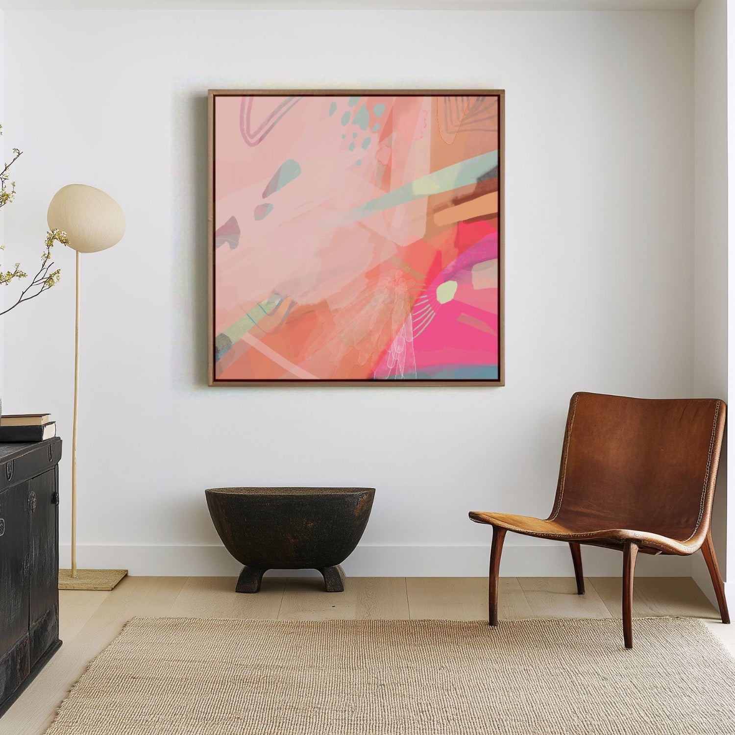 hot pink and blush large canvas art on wall, framed in oak