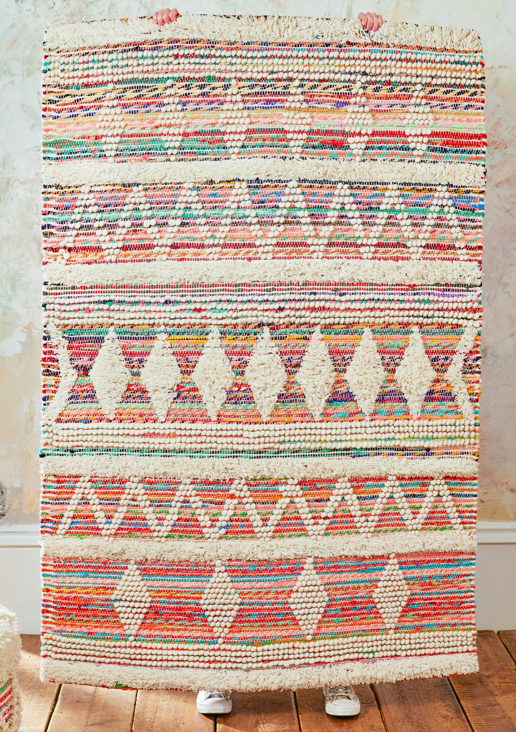 Multi colour wool and recycled threads rug
