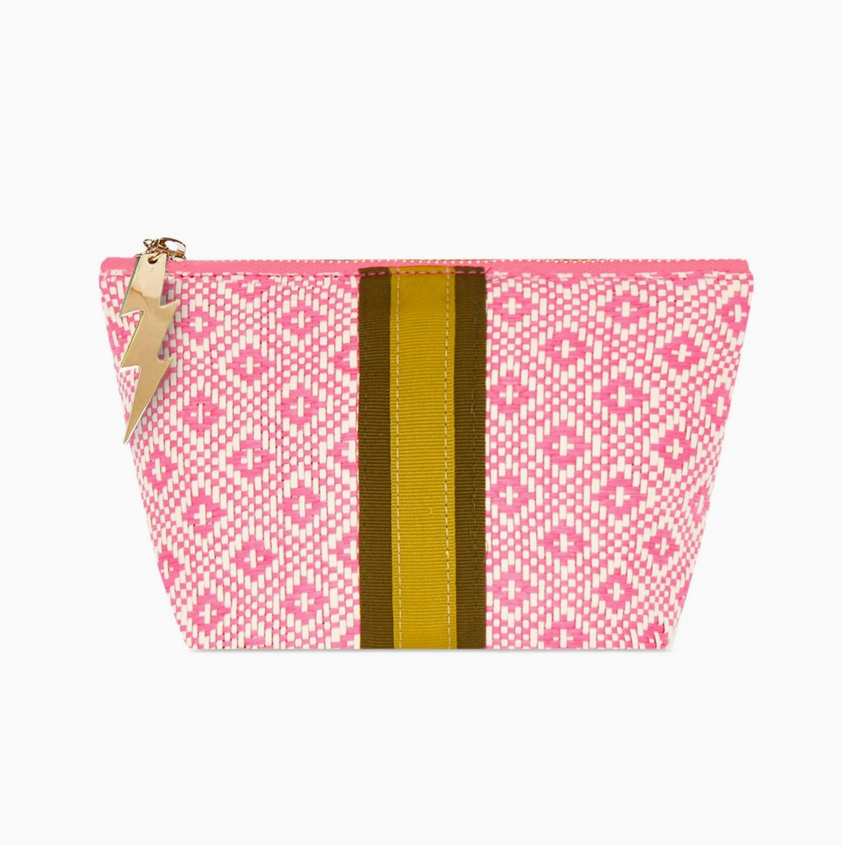 A pink and white patterned zippered pouch with two vertical stripes in olive green and mustard yellow on the front, featuring a gold-tone zipper and a small gold charm.