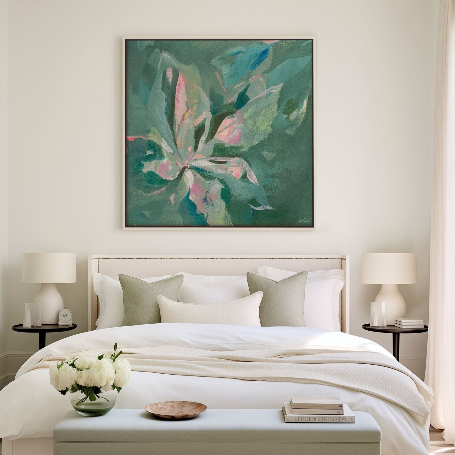 green abstract art in bedroom