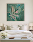 green abstract art in bedroom
