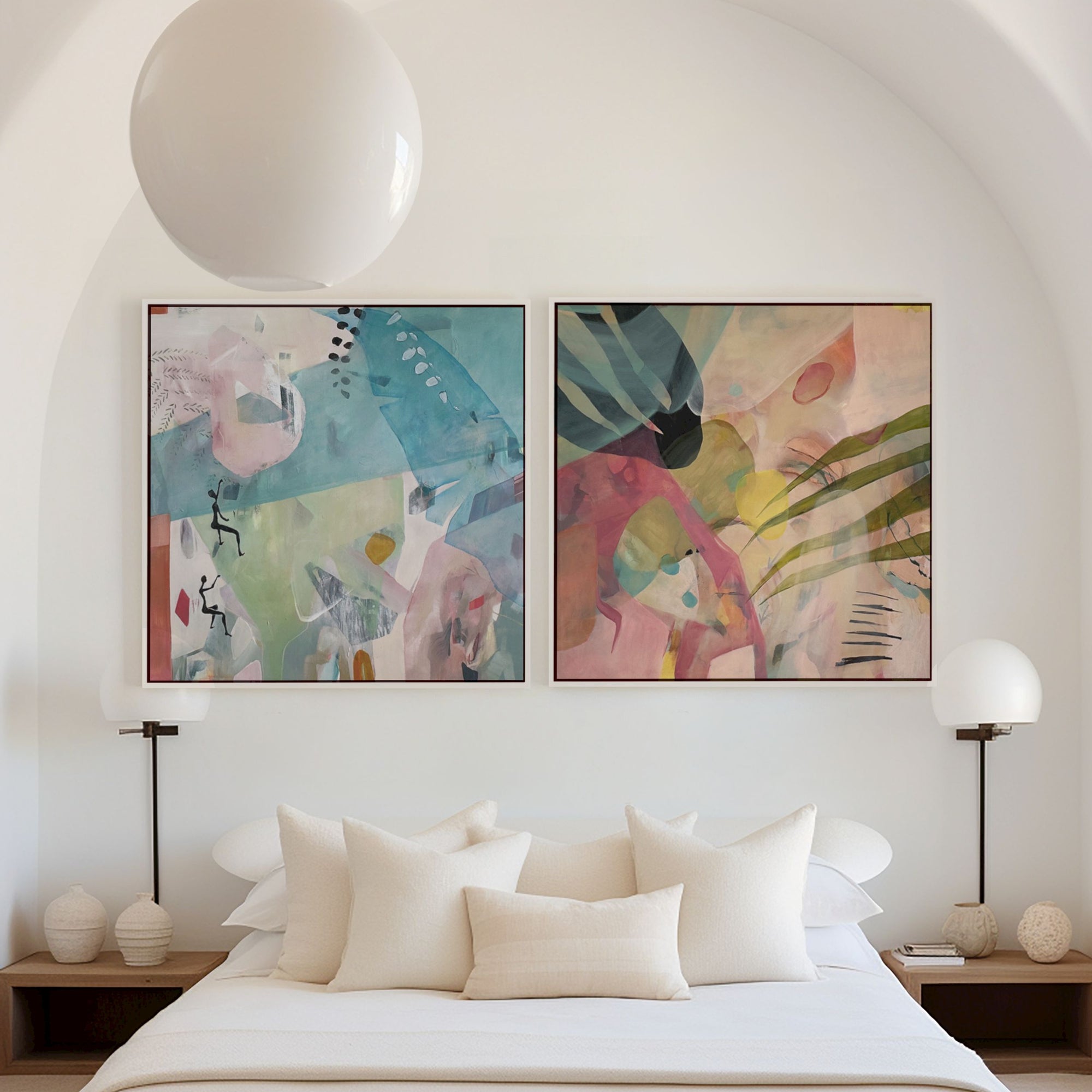 Modern bedroom with abstract art on the wall and minimal decor.