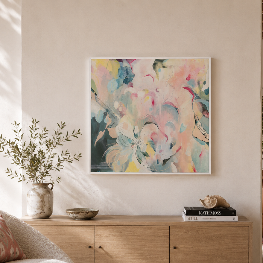 A large square abstract wall art print with soft pastel pinks, blues, yellows, and whites hangs above a light wood console in a bright, modern living room with a cream boucle armchair and natural light.