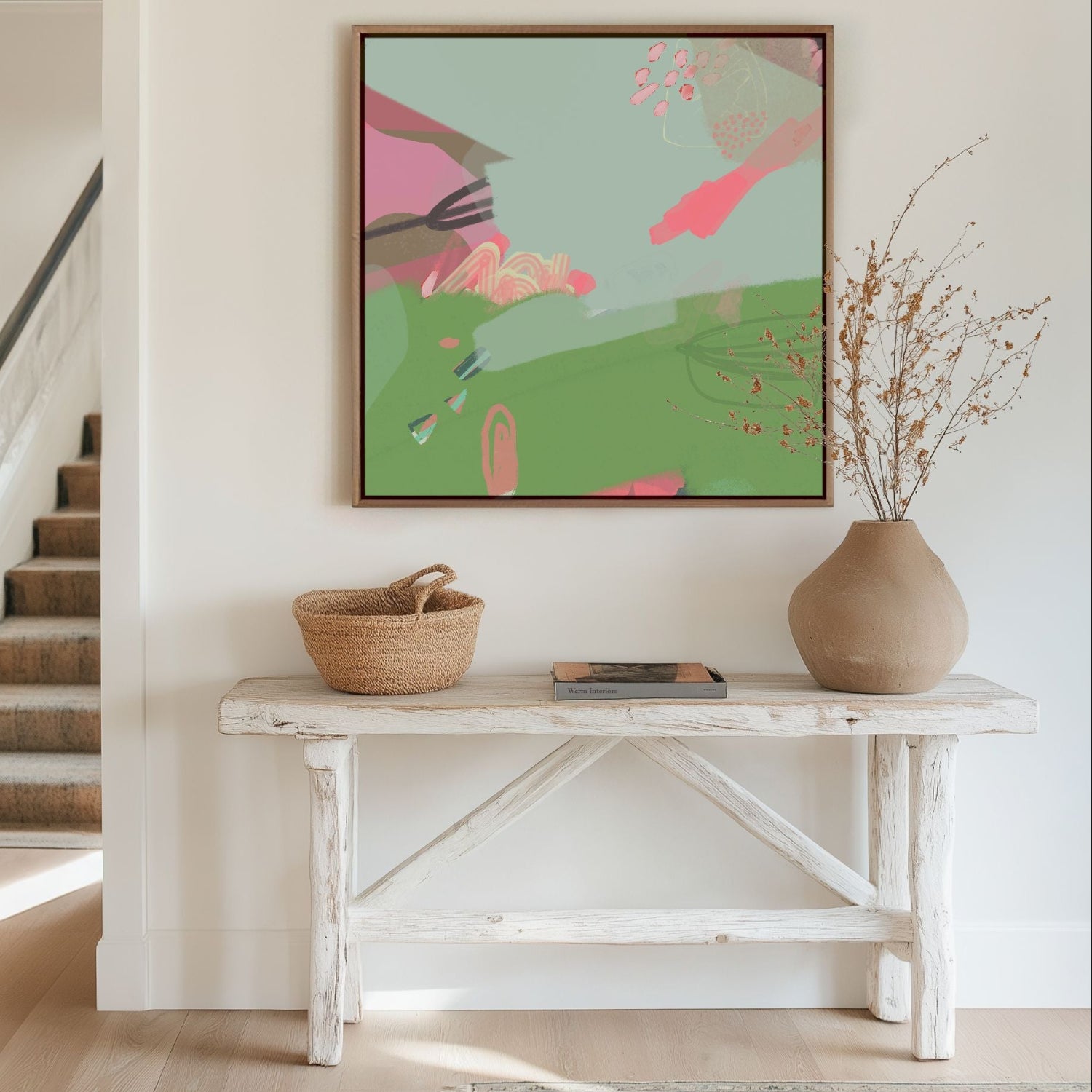 green and blue abstract art print in hallway